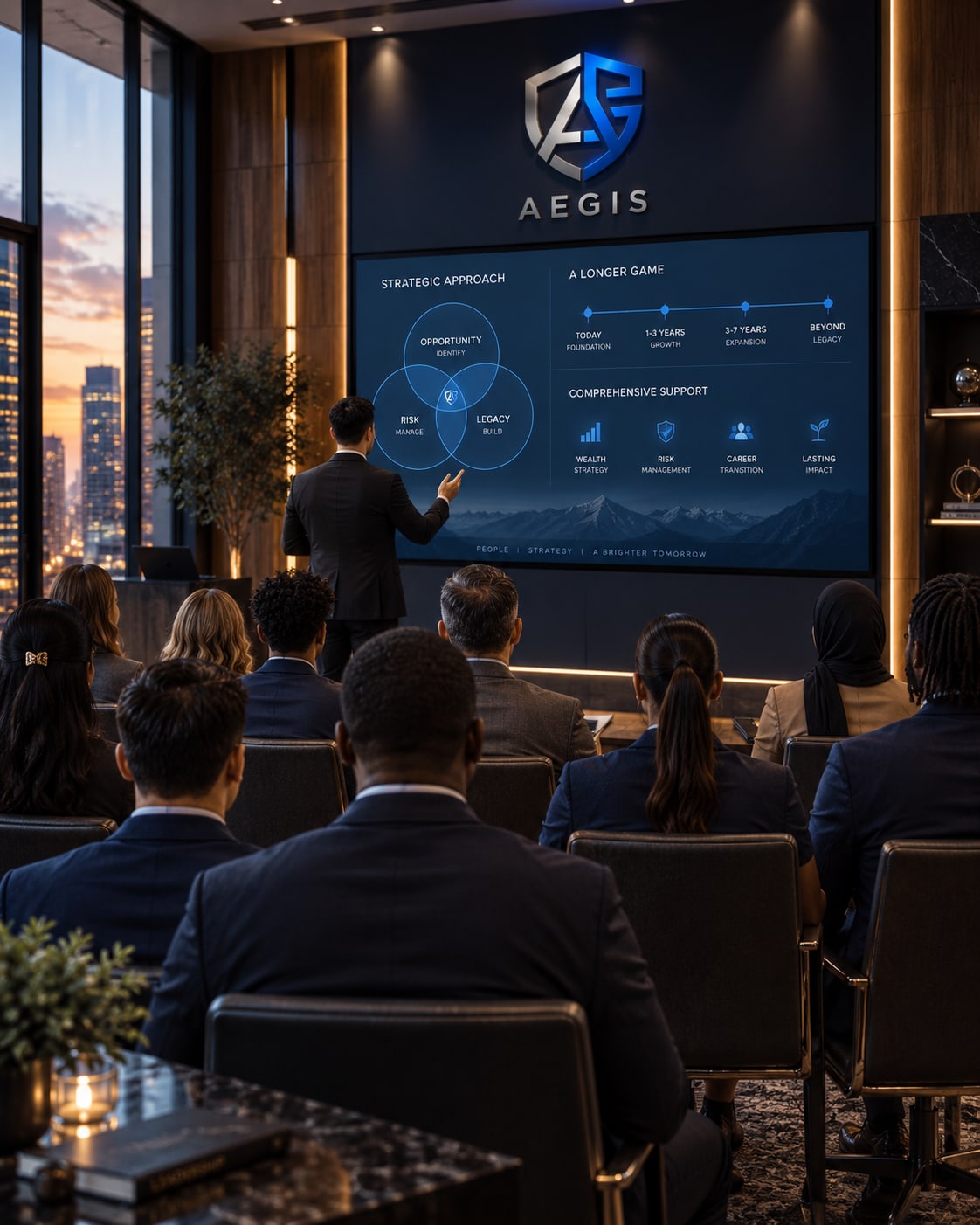 An advisor presenting to a room of athletes.